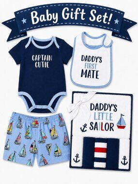 NWT Baby Essentials Nautical Sailor Baby Shower Gift Set 12M Onesie Bib Shorts